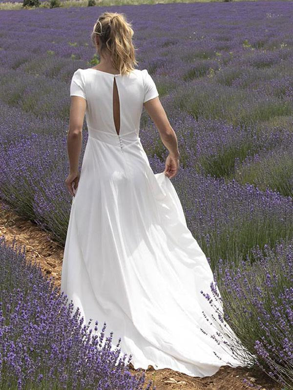 Wedding Dress With Train V Neck Short Sleeves Buttons Floor Length Bridal Dresses