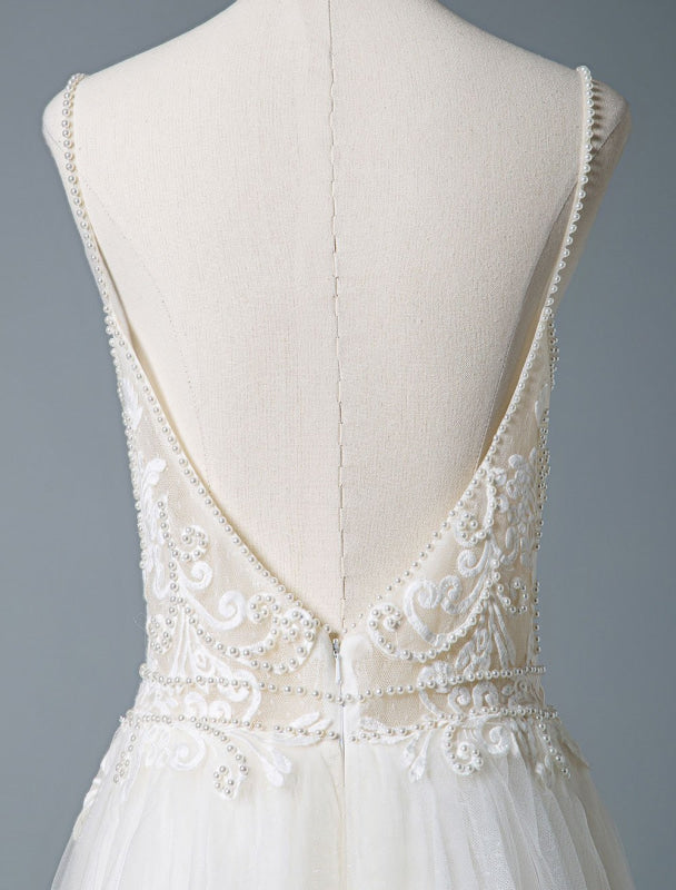 V Neck Sleeveless Wedding Dresses A Line Straps Beaded Polka Dot Tulle Bridal Gowns