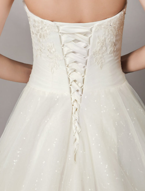 Wedding Dresses Ivory Strapless Lace Beaded Chapel Train Bridal Gowns
