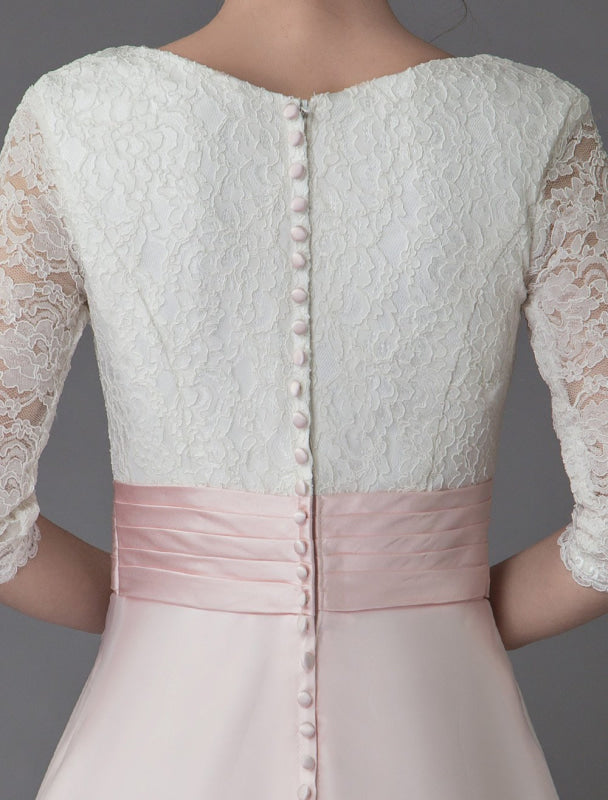 Wedding Dresses Pink V Neck Half Sleeve Pleated A Line Bridal Gown