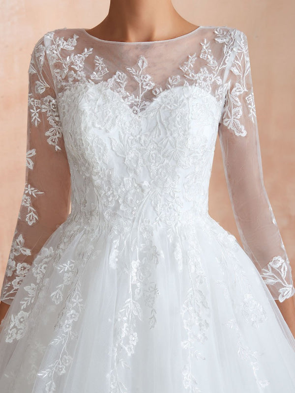Wedding Gown 3/4 Sleeve Jewel Neck Lace Appliqued Beaded Ball Gown Bridal Wedding Dress With Train