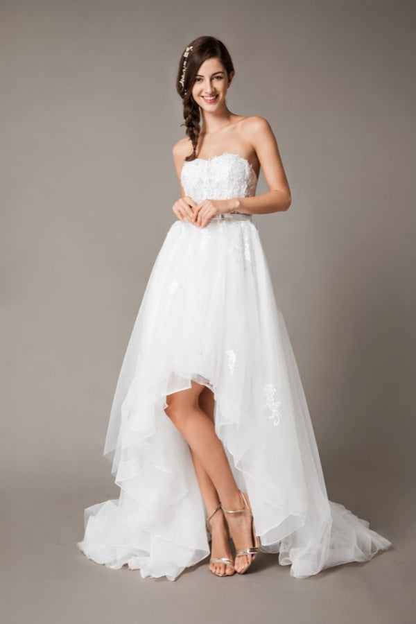 High Low Wedding Dresses Strapless Lace Tulle Bow Sash Asymmetrical Summer Beach Bridal Dress