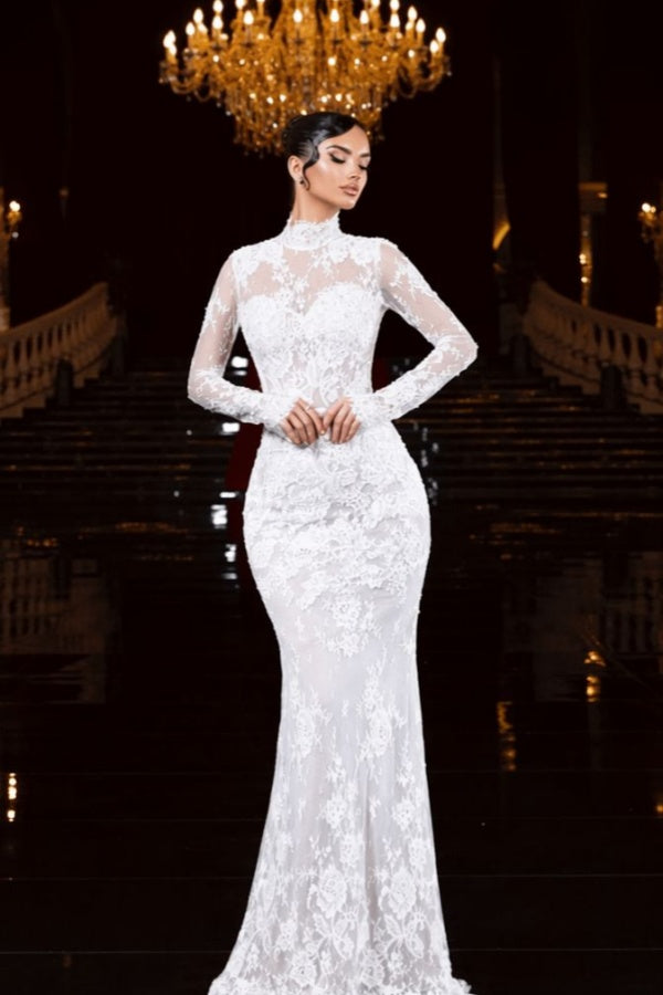 High Neck Lace Mermaid Wedding Gown with Long Sleeves