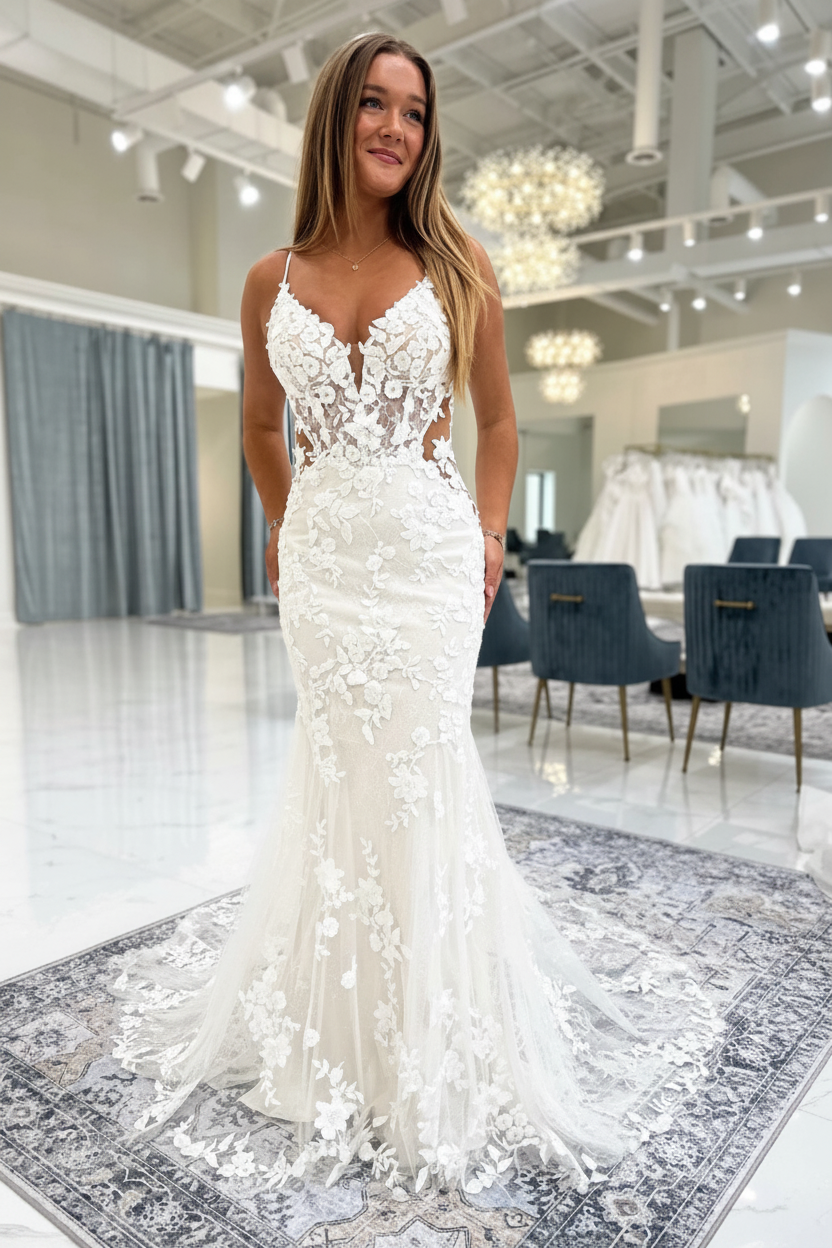 Chic Ivory Mermaid Wedding Dress Tulle lace Appliques Bridal Gown