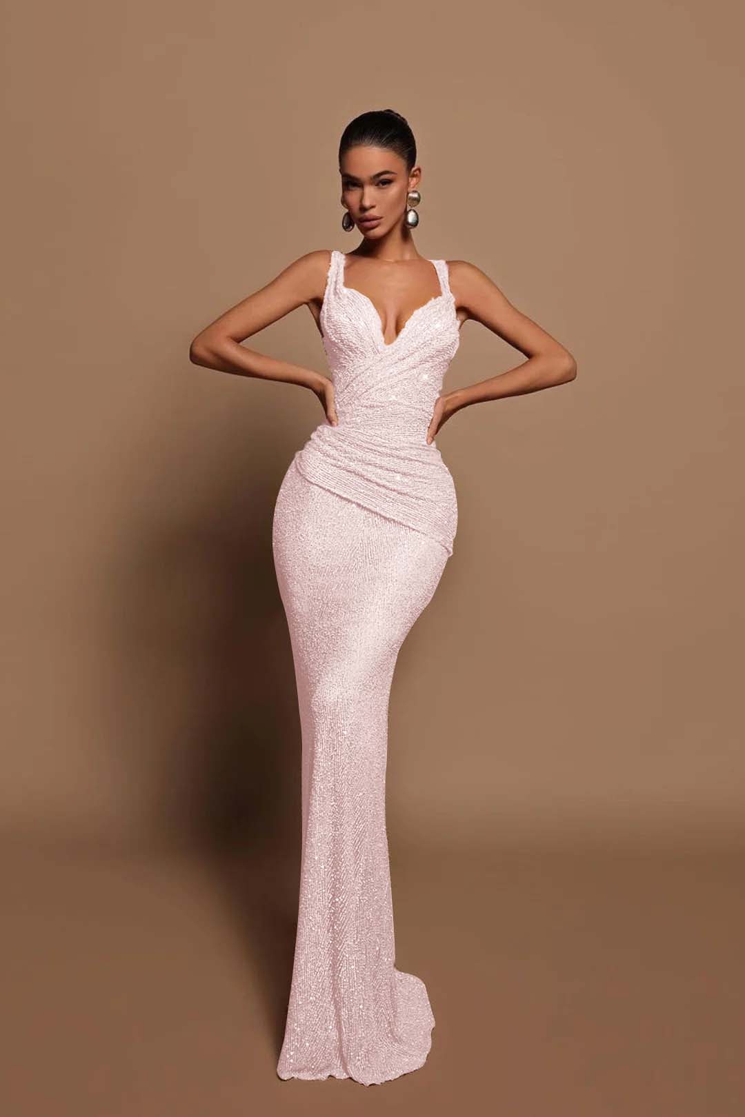 Glamorous Pink Sequin Mermaid Prom Dress Sleeveless with V-Neck