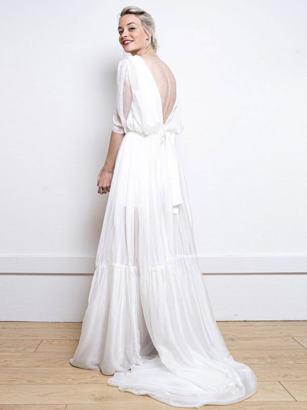 White Simple Wedding Dress A-Line V-Neck Half Sleeves Backless Tulle Satin Long Bridal Gowns