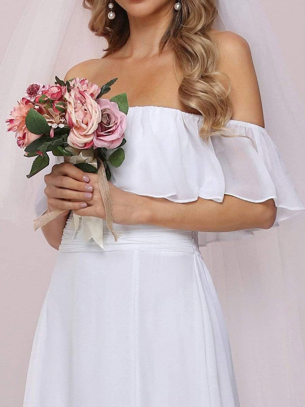 White Simple Wedding Dress Chiffon Bateau Neck Sleeveless Split Front A-Line Bridal Gowns