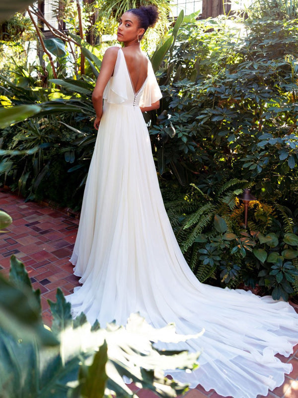 White Simple Wedding Dress Chiffon V-Neck Sleeveless A-Line Backless Long Bridal Dresses