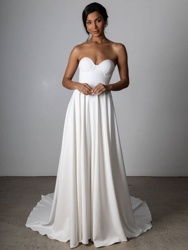 White Simple Wedding Dress Satin Strapless Sleeveless A-Line Bridal Dresses