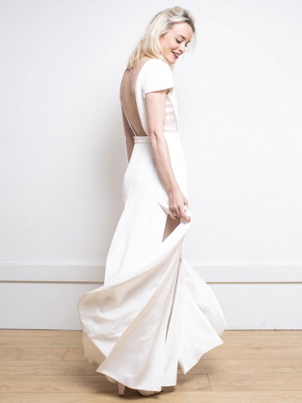 White Simple Wedding Dress Satin V-Neck Short Sleeves Backless Split Front A-Line Long Bridal Dresses