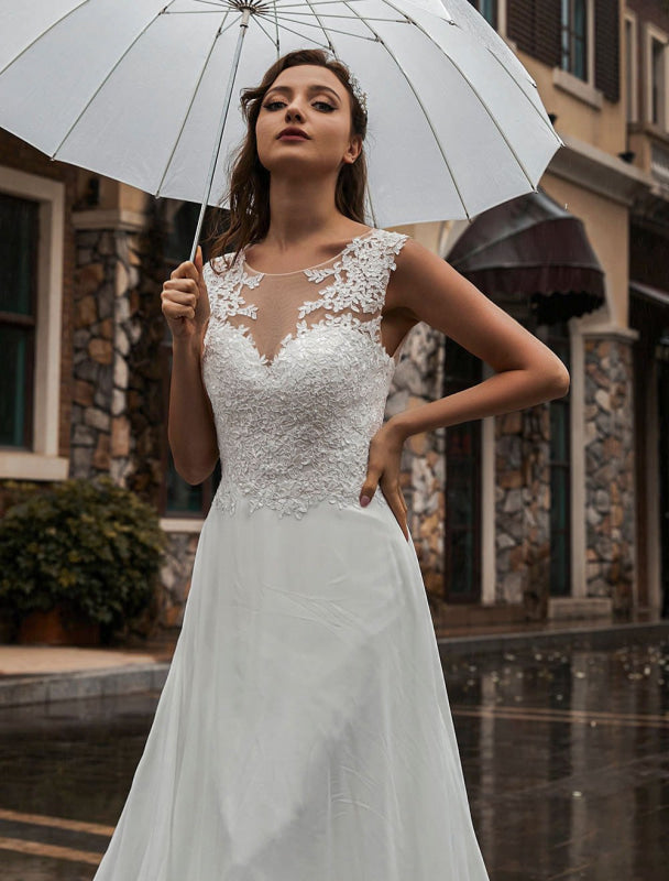 White Wedding Dress Illusion Sleeveless Applique Chiffon Floor Length Bridal Gowns Train Dress