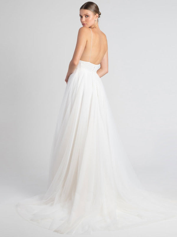 White Wedding Dress V-Neck Sleeveless With Train Backless Long Bridal Dresses