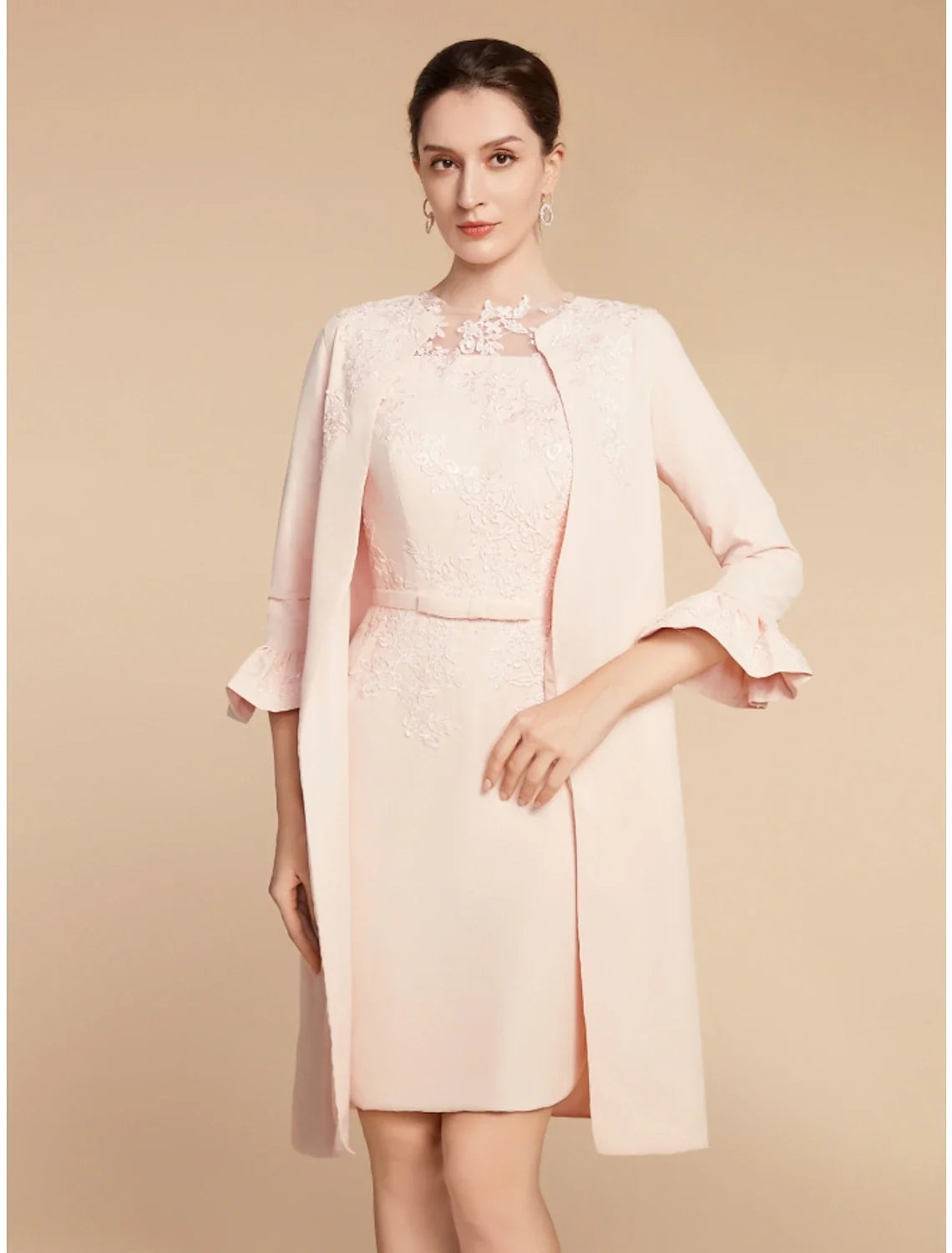 Aimishang Two Piece A-Line Mother of the Bride Dress Wedding Guest Elegant Petite Jewel Neck Short / Mini Lace Stretch Fabric 3/4 Length Sleeve with Bow(s) Ruffles Solid Color