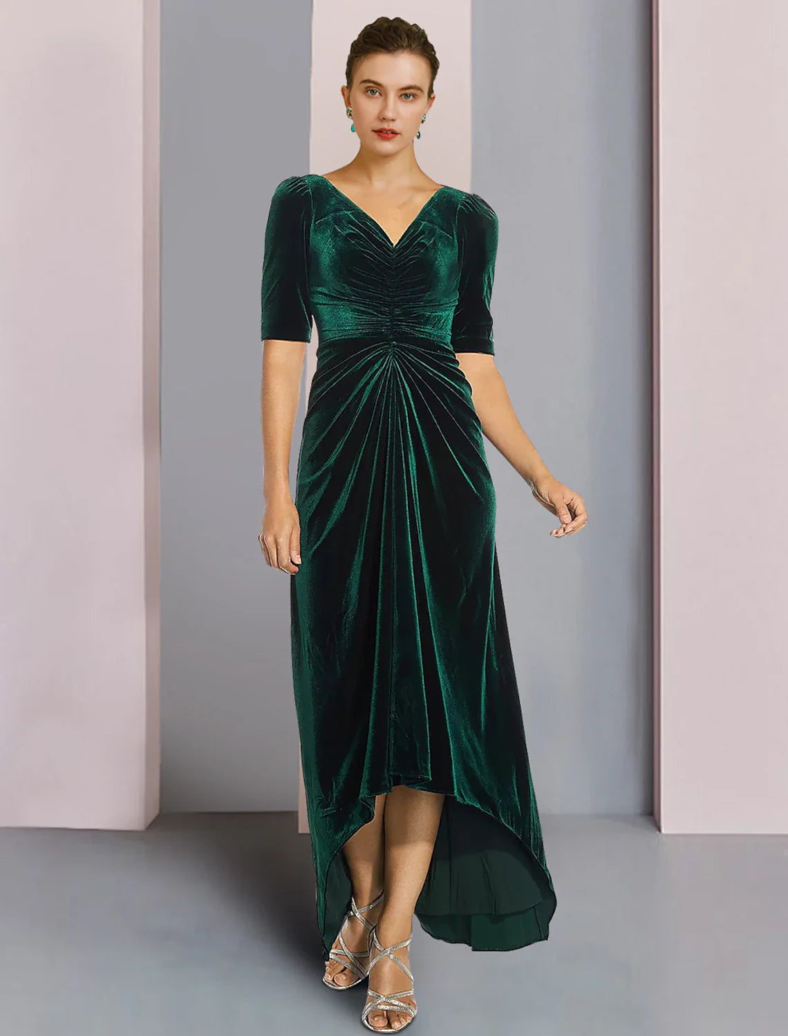 Aimishang A-Line Mother of the Bride Dress Wedding Guest Elegant High Low V Neck Asymmetrical Tea Length Velvet Short Sleeve with Ruched