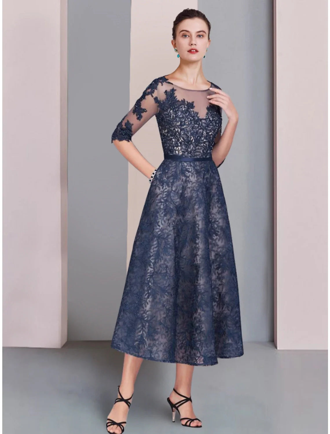 Aimishang A-Line Mother of the Bride Dress Wedding Guest Elegant Scoop Neck Tea Length Lace Half Sleeve with Ruching Solid Color