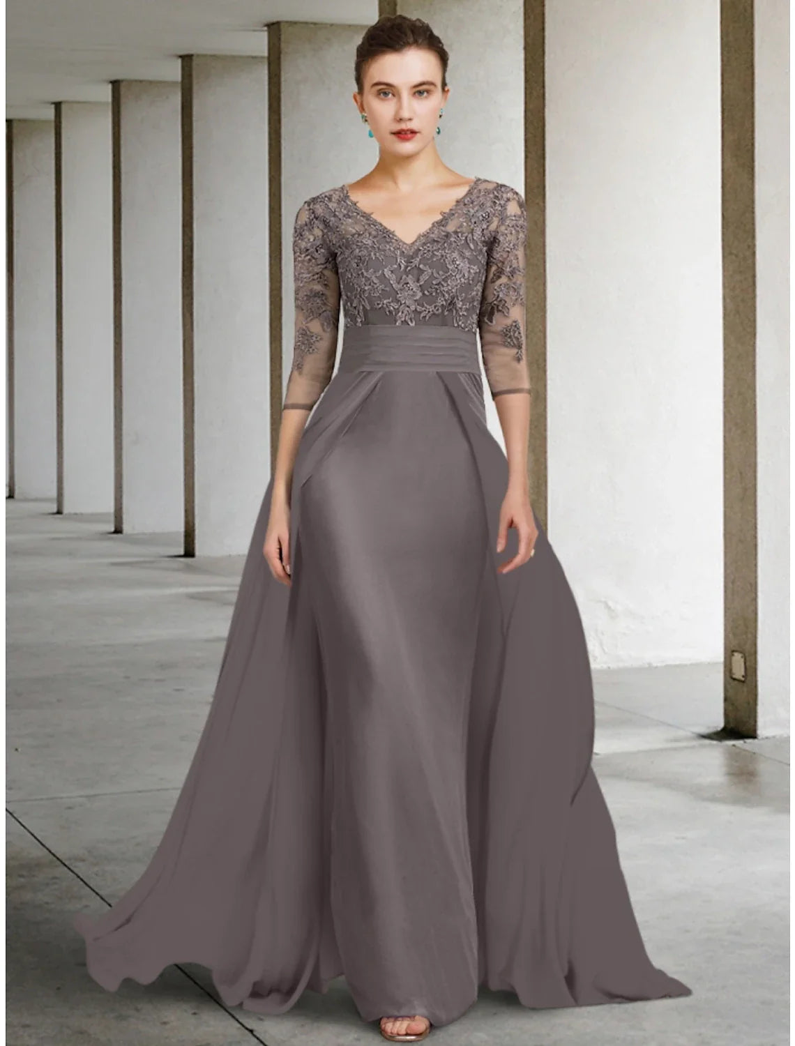 Aimishang A-Line Mother of the Bride Dress Wedding Guest Elegant V Neck Floor Length Chiffon Lace Half Sleeve with Ruching Solid Color