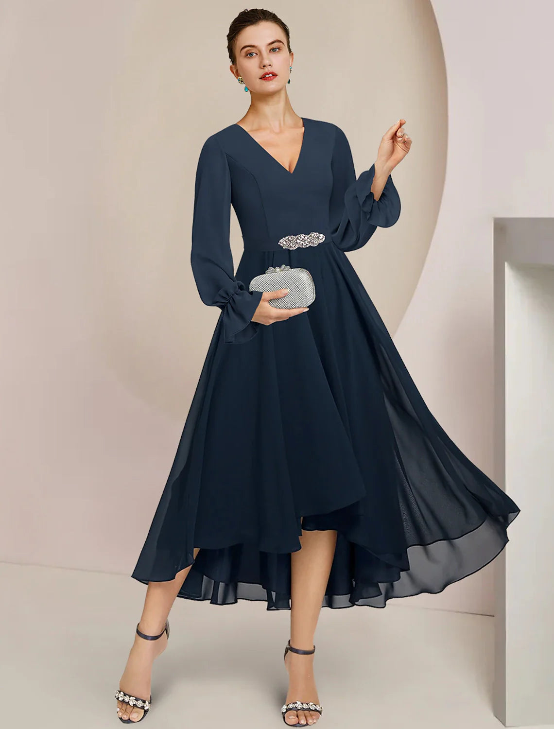 Aimishang A-Line Mother of the Bride Dress Formal Wedding Guest Elegant High Low Scoop Neck V Neck Asymmetrical Tea Length Chiffon Long Sleeve with Crystal Brooch