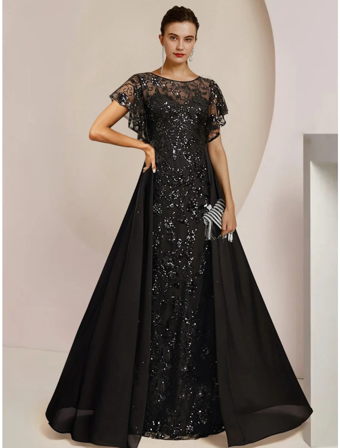 Aimishang A-Line Mother of the Bride Dress Wedding Guest Elegant Scoop Neck Floor Length Chiffon Lace Sequined Short Sleeve with Sequin Ruching Solid Color