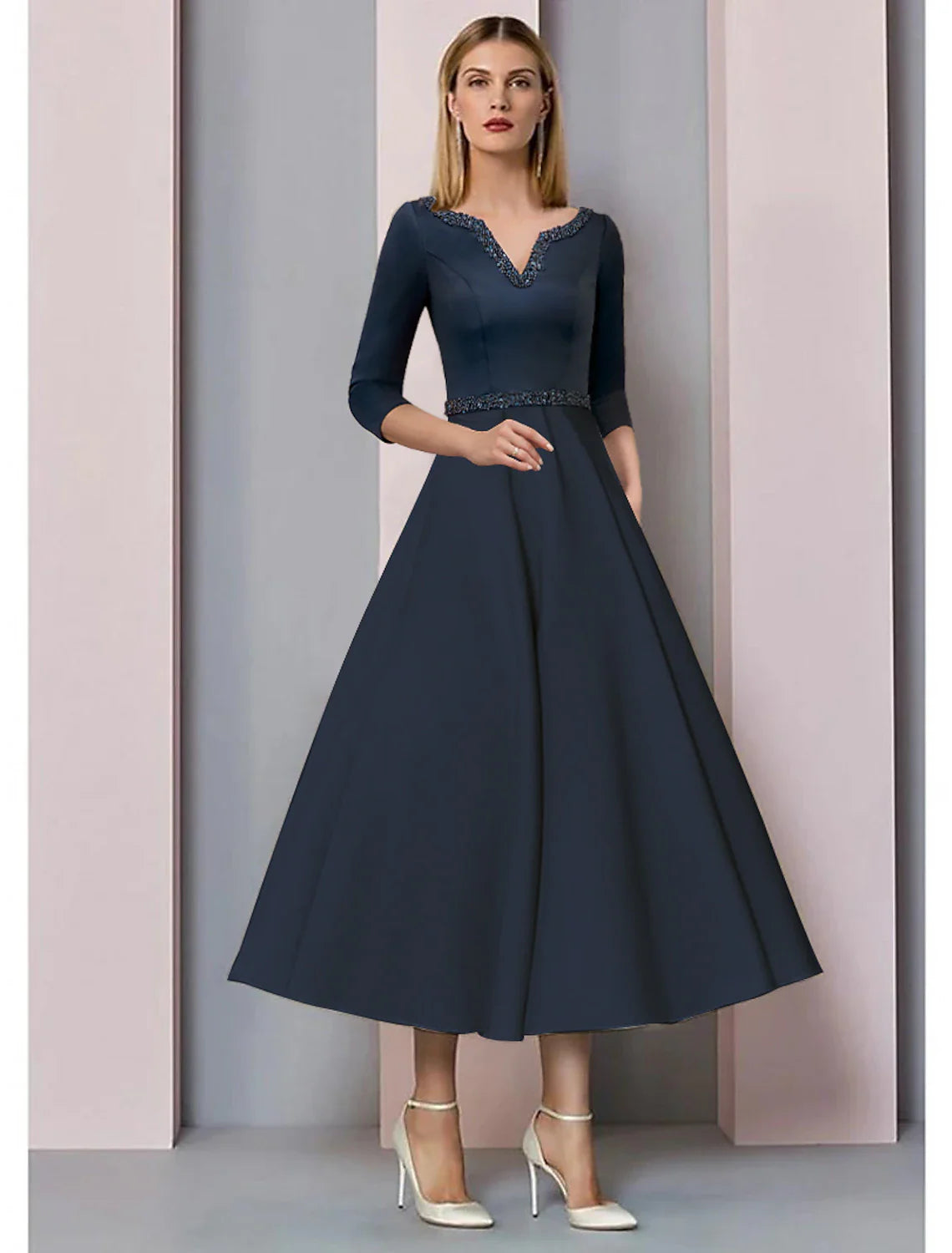 Aimishang A-Line Mother of the Bride Dress Wedding Guest Vintage Elegant V Neck Tea Length Satin Short Sleeve with Pleats Beading
