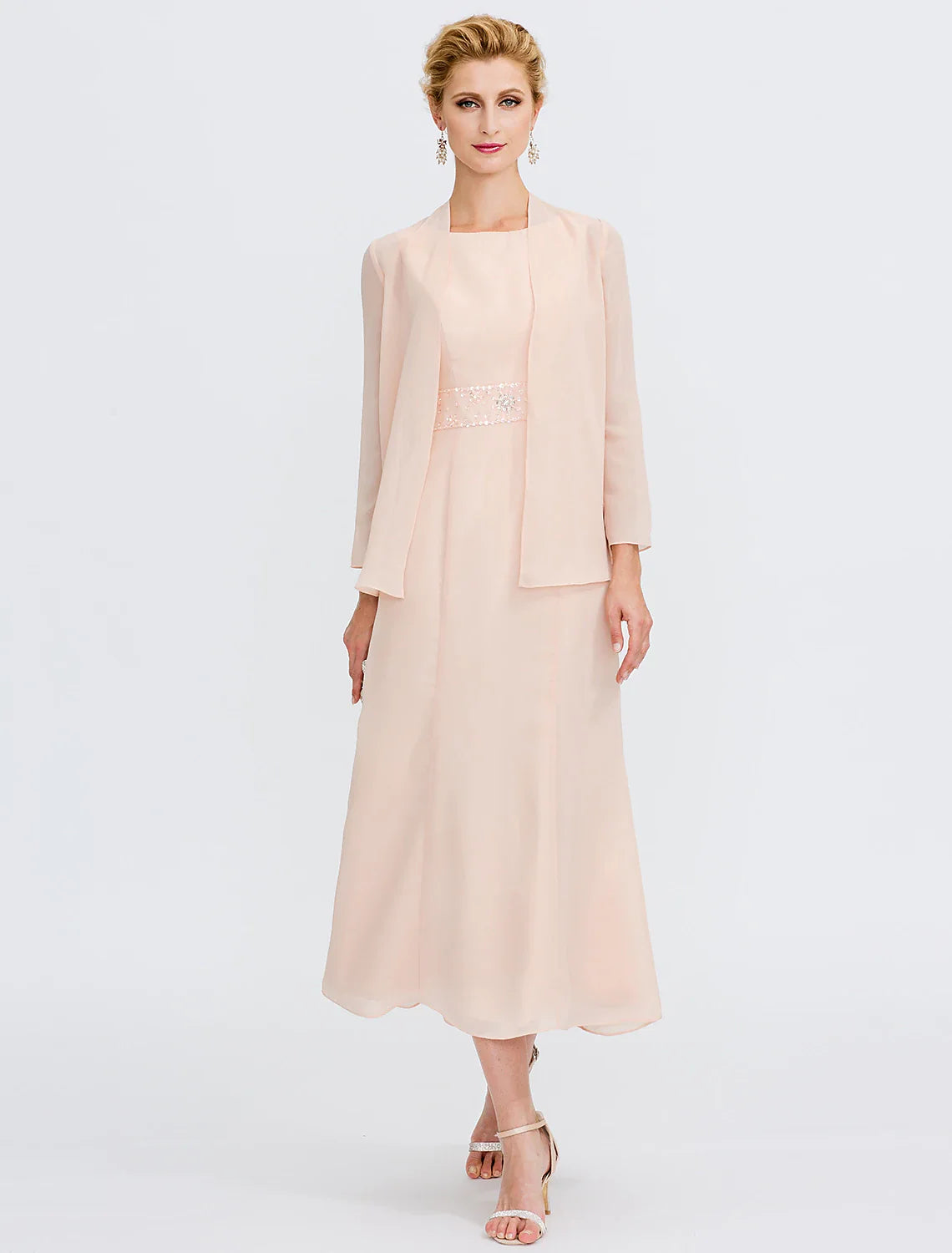 Aimishang Two Piece Sheath / Column Mother of the Bride Dress Wedding Guest Plus Size Elegant with Jacket Long Sleeve Scoop Neck Tea Length Chiffon Sash / Ribbon Pleats Beadin
