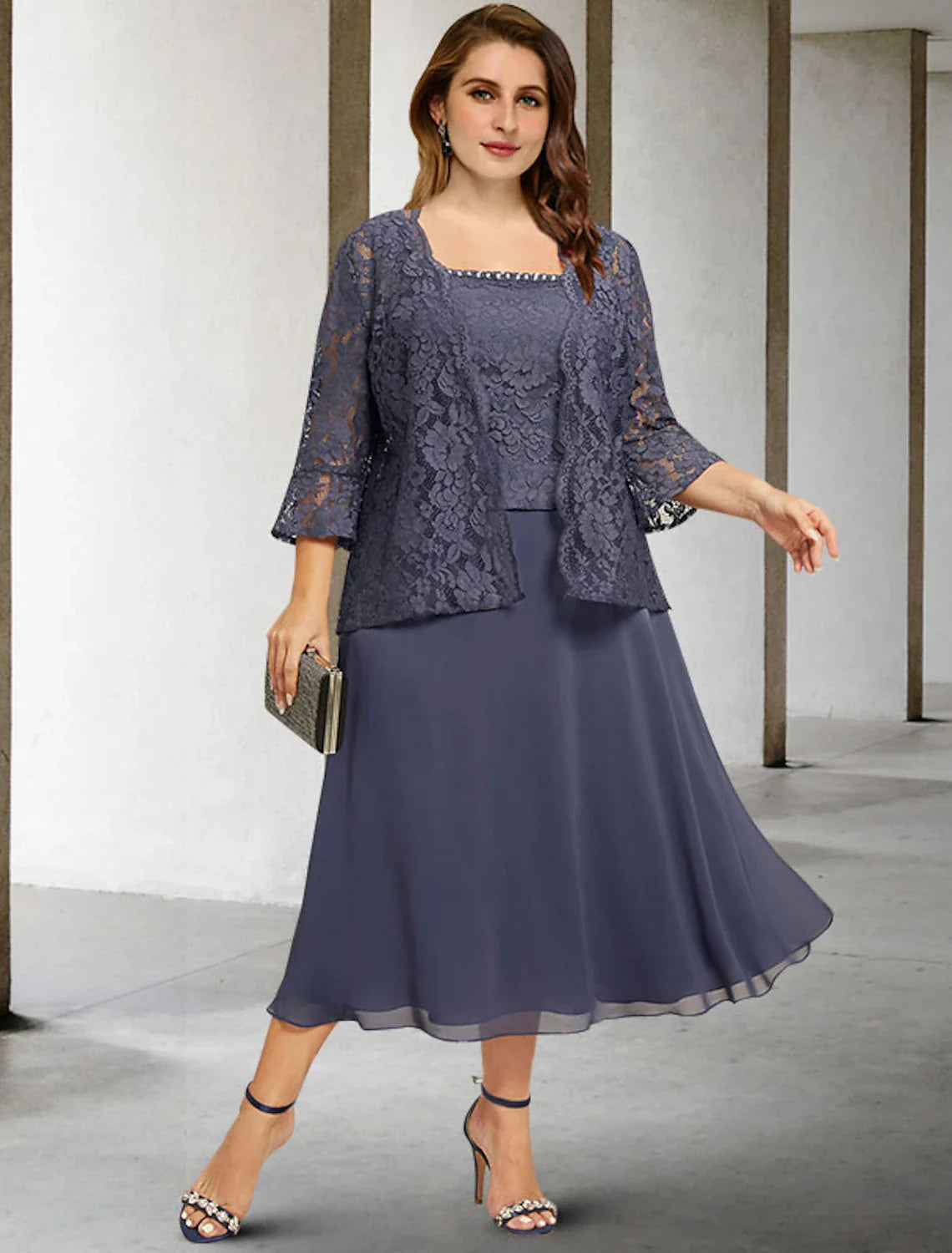 Aimishang Two Piece A-Line Mother of the Bride Dresses Plus Size Hide Belly Curve Elegant Dress Formal Tea Length Sleeveless Square Neck Chiffon with Beading