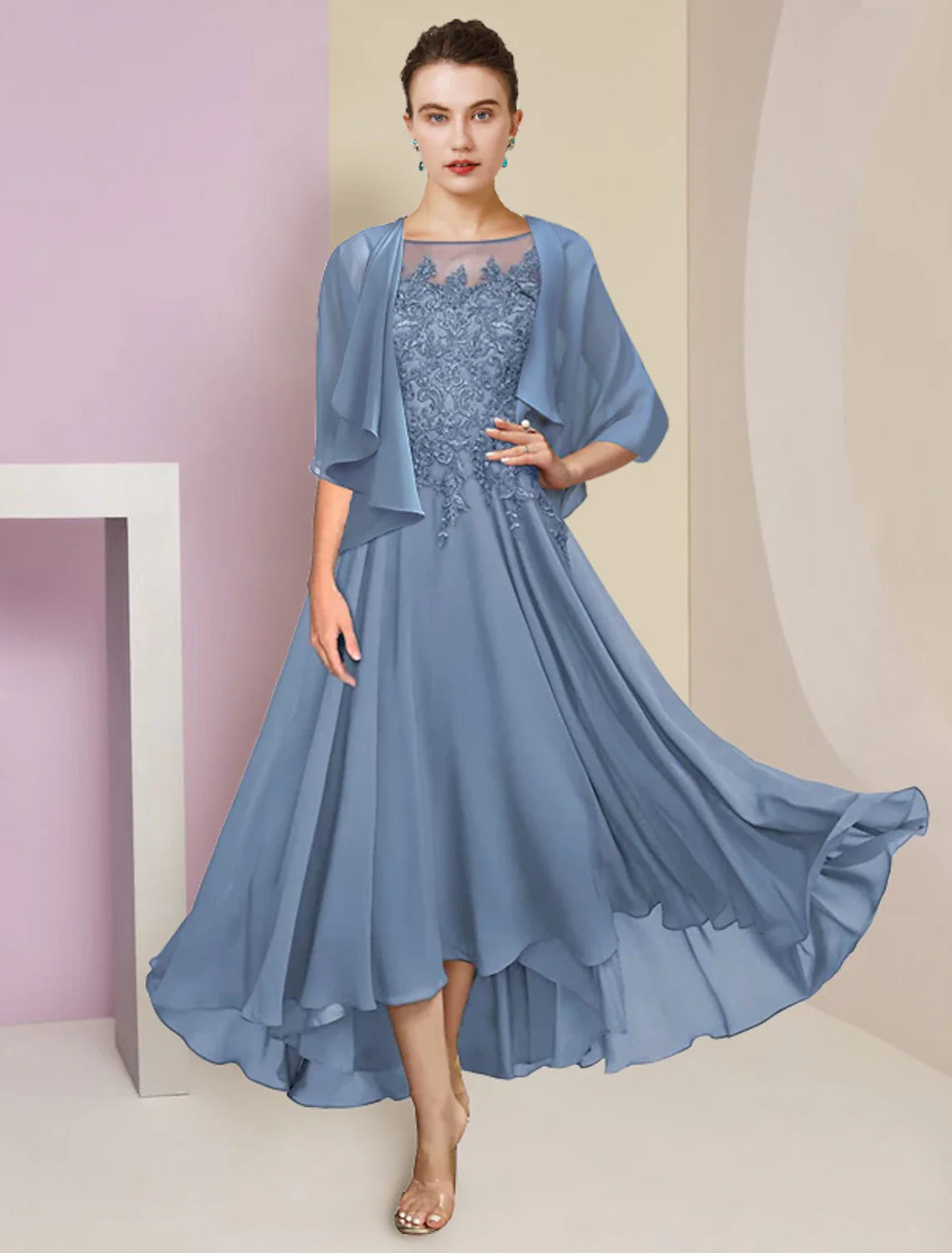 Aimishang Two Piece A-Line Mother of the Bride Dress Formal Wedding Guest Elegant High Low Scoop Neck Asymmetrical Tea Length Chiffon Lace Short Sleeve Wrap Included with Sequin Appliques