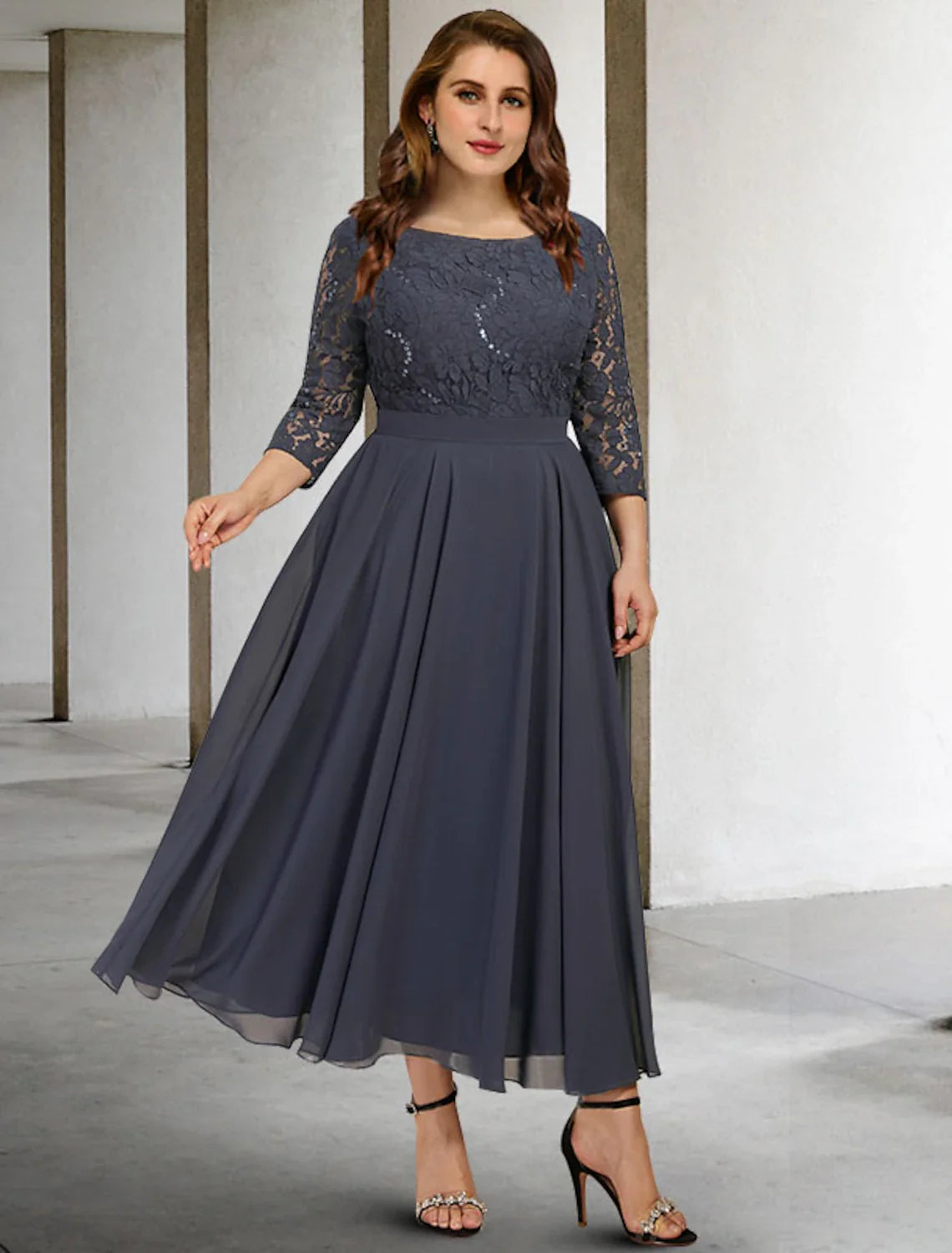 Aimishang A-Line Mother of the Bride Dresses Plus Size Hide Belly Curve Elegant Dress Formal Tea Length 3/4 Length Sleeve Jewel Neck Chiffon with Pleats