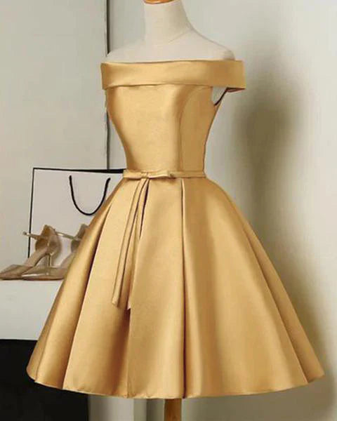 Red/Pink/Yellow/Blue Cute Off Shoulder Short Elegant Satin Prom Dress Homecoming Dress Party Dress 8211