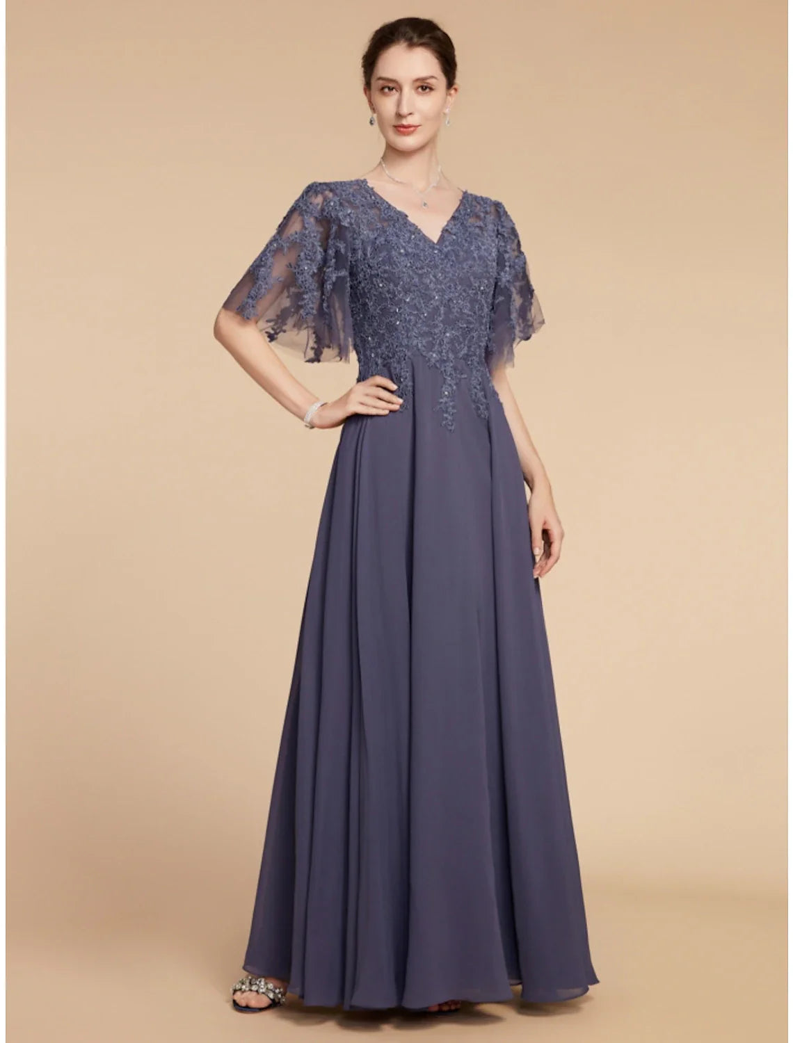 Aimishang A-Line Mother of the Bride Dress Wedding Guest Elegant V Neck Floor Length Chiffon Lace Short Sleeve with Sequin Ruching Solid Color
