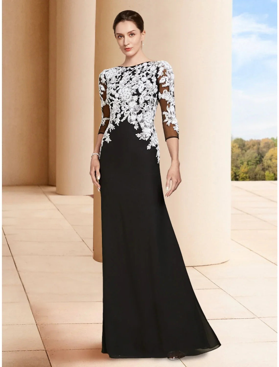 Aimishang Sheath / Column Mother of the Bride Dress Wedding Guest Elegant Jewel Neck Floor Length Stretch Chiffon 3/4 Length Sleeve with Lace Ruching