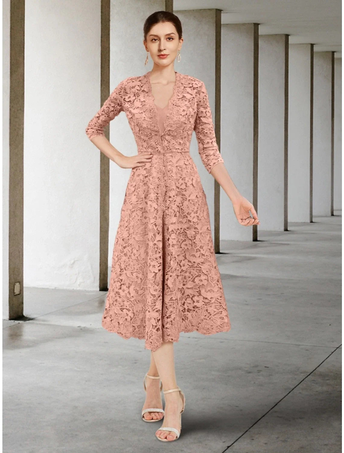 Aimishang A-Line Mother of the Bride Dress Wedding Guest Elegant Petite V Neck Tea Length Chiffon 3/4 Length Sleeve with Ruching Solid Color