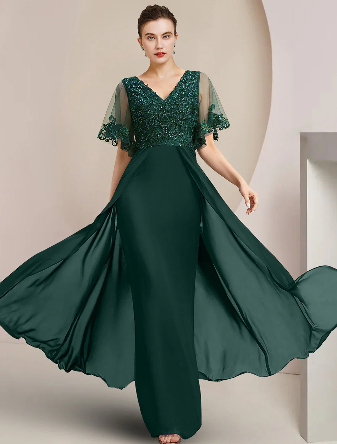 Aimishang Sheath / Column Mother of the Bride Dress Formal Wedding Guest Elegant V Neck Floor Length Chiffon Lace Tulle Short Sleeve with Sequin Appliques