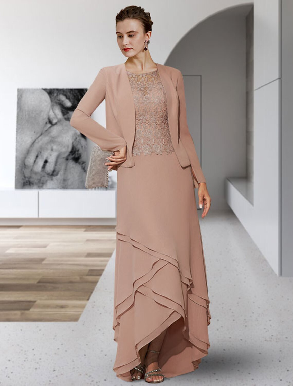 Aimishang Two Piece A-Line Mother of the Bride Dress Elegant High Low Jewel Neck Asymmetrical Chiffon Lace Sleeveless with Tier Appliques