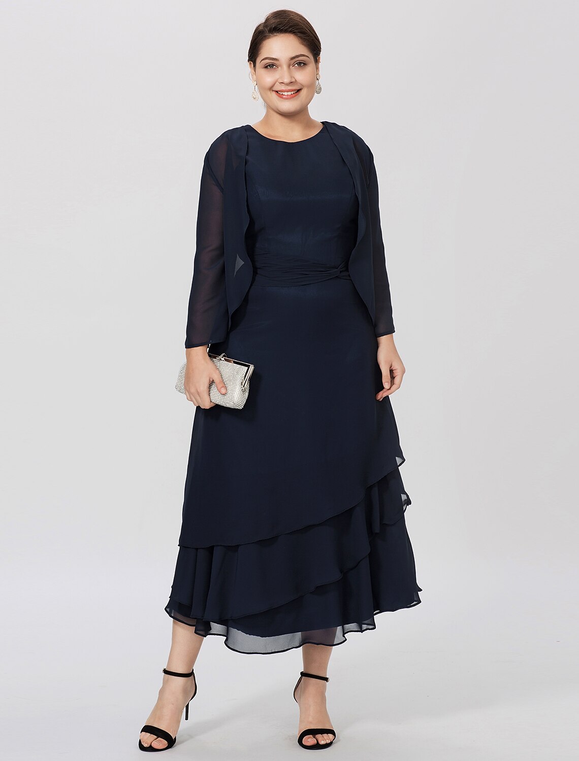 Aimishang Sheath / Column Mother of the Bride Dress Formal Classic & Timeless Elegant & Luxurious Plus Size Jewel Neck Tea Length Chiffon 3/4 Length Sleeve yes with Pleats Tiered