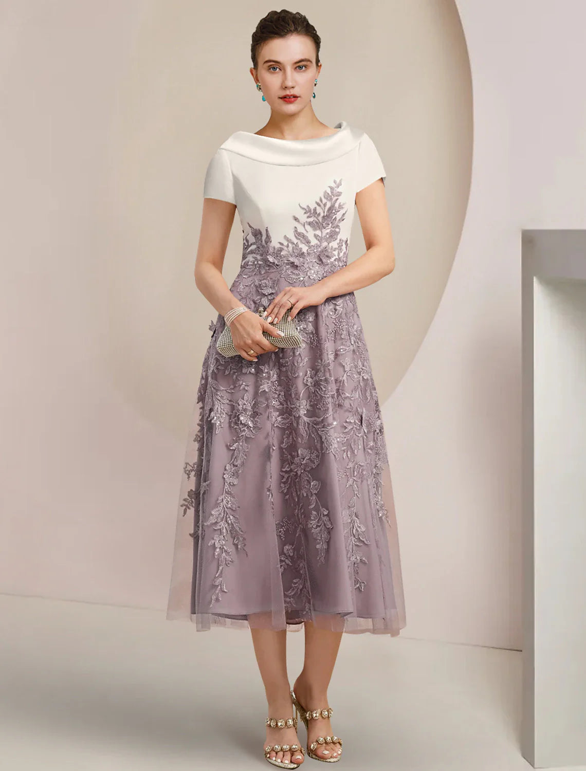 Aimishang A-Line Mother of the Bride Dress Formal Wedding Guest Elegant Scoop Neck Tea Length Satin Lace Short Sleeve with Sequin Appliques Color Block