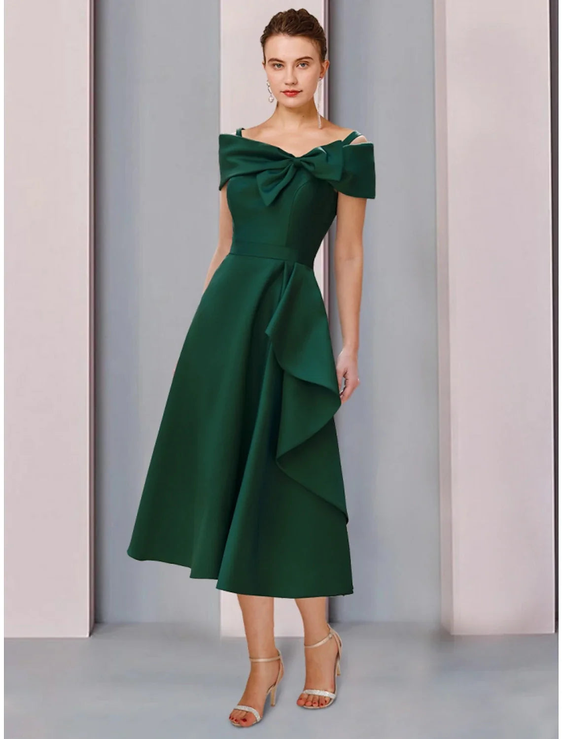 Aimishang A-Line Mother of the Bride Dress Wedding Guest Elegant Off Shoulder Tea Length Satin Short Sleeve with Bow(s) Ruffles Ruching