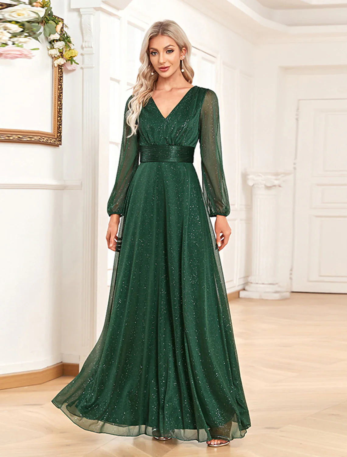 Aimishang A-Line Evening Gown Sparkle & Shine Dress Formal Wedding Party Dress Floor Length Long Sleeve V Neck Chiffon with Sequin