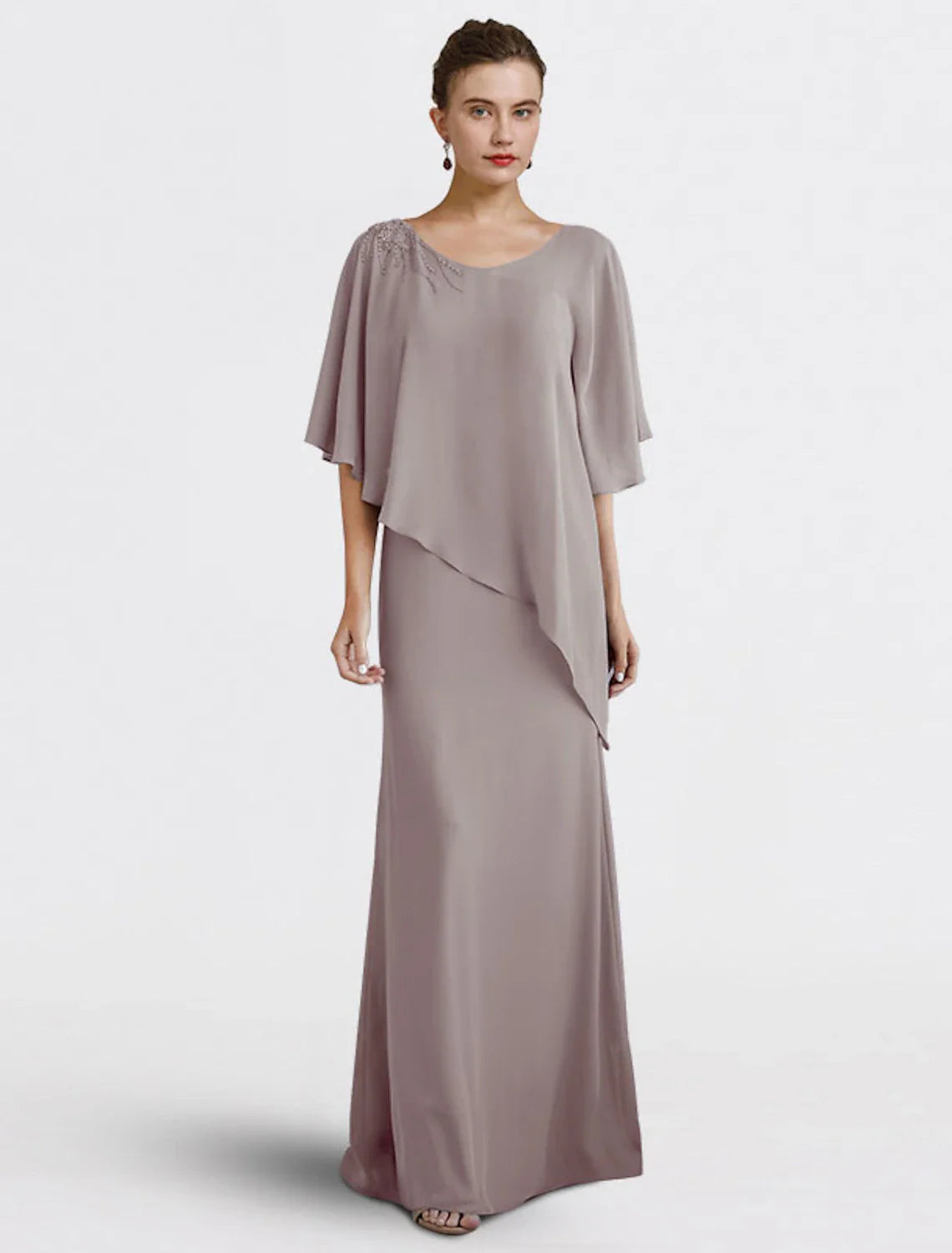 Aimishang Sheath / Column Mother of the Bride Dress Wedding Guest Plus Size Elegant V Neck Floor Length Chiffon Half Sleeve with Beading Fall