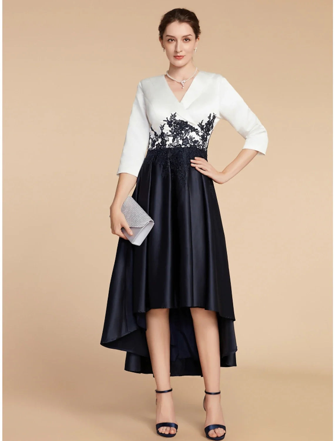 Aimishang A-Line Mother of the Bride Dress Wedding Guest Elegant Petite V Neck Asymmetrical Satin Lace Half Sleeve with Ruching
