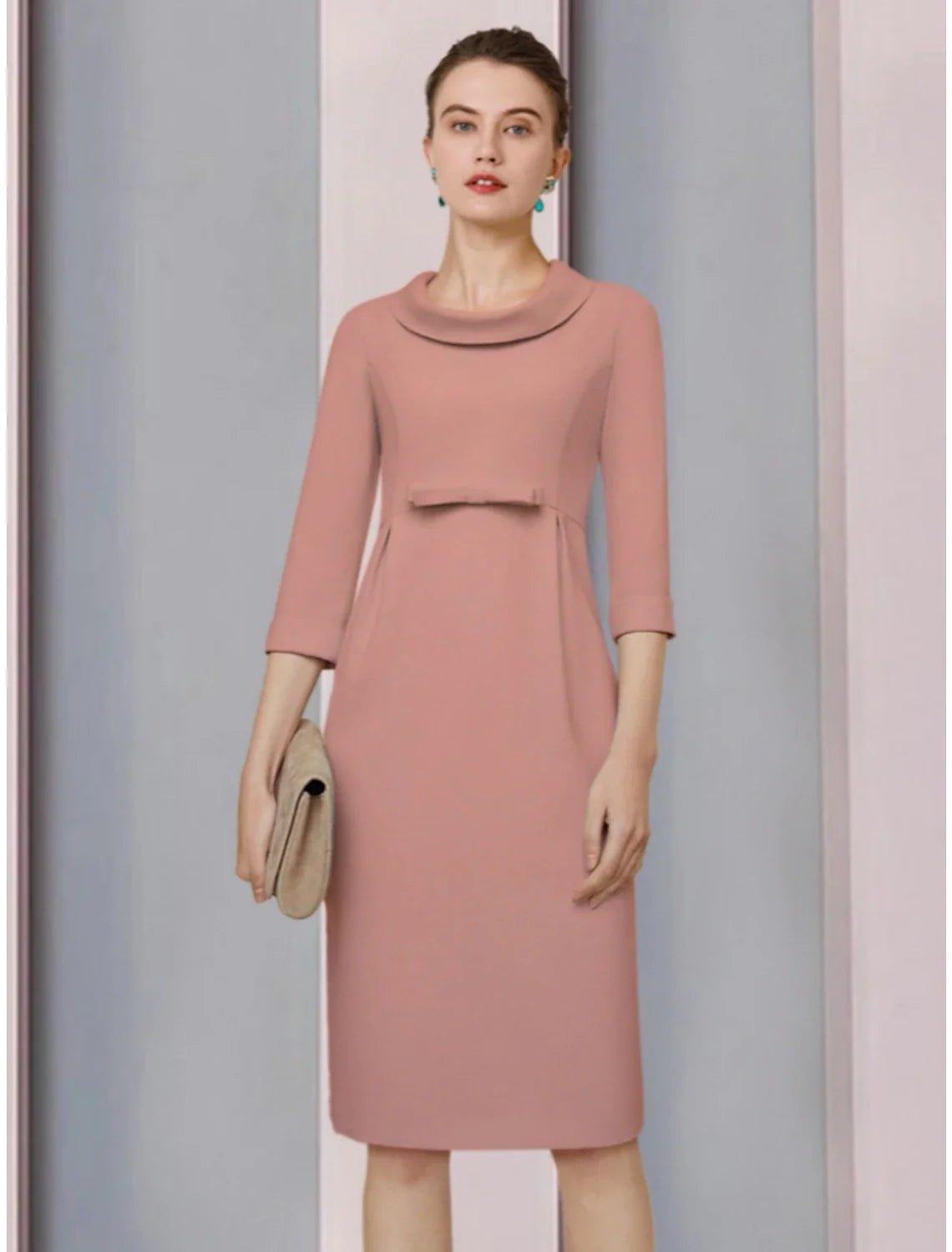 Aimishang A-Line Mother of the Bride Dress Wedding Guest Elegant Petite Jewel Neck Knee Length Satin 3/4 Length Sleeve with Bow(s) Ruching Solid Color
