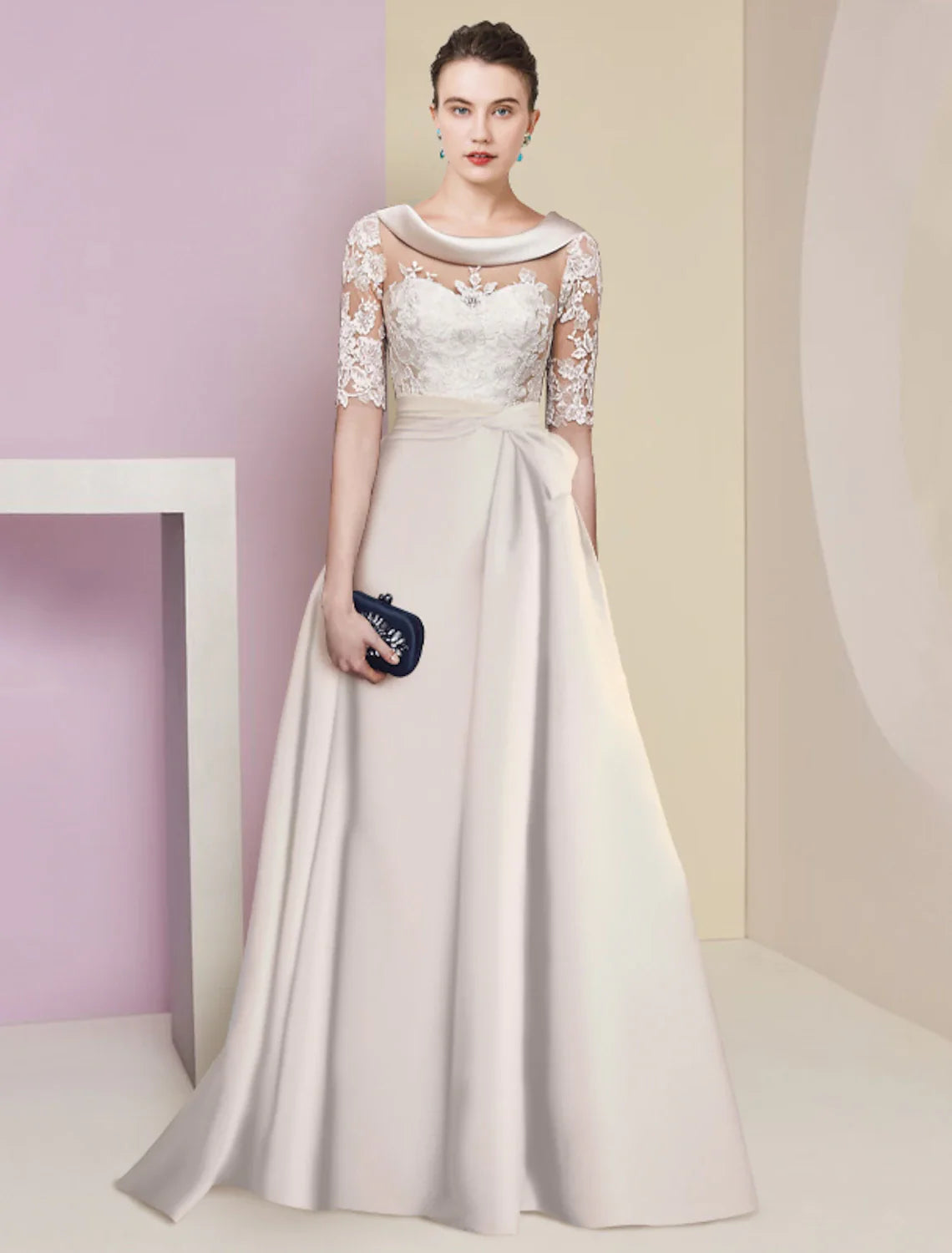 Aimishang A-Line Mother of the Bride Dress Formal Elegant Scoop Neck Floor Length Satin Lace Half Sleeve with Appliques