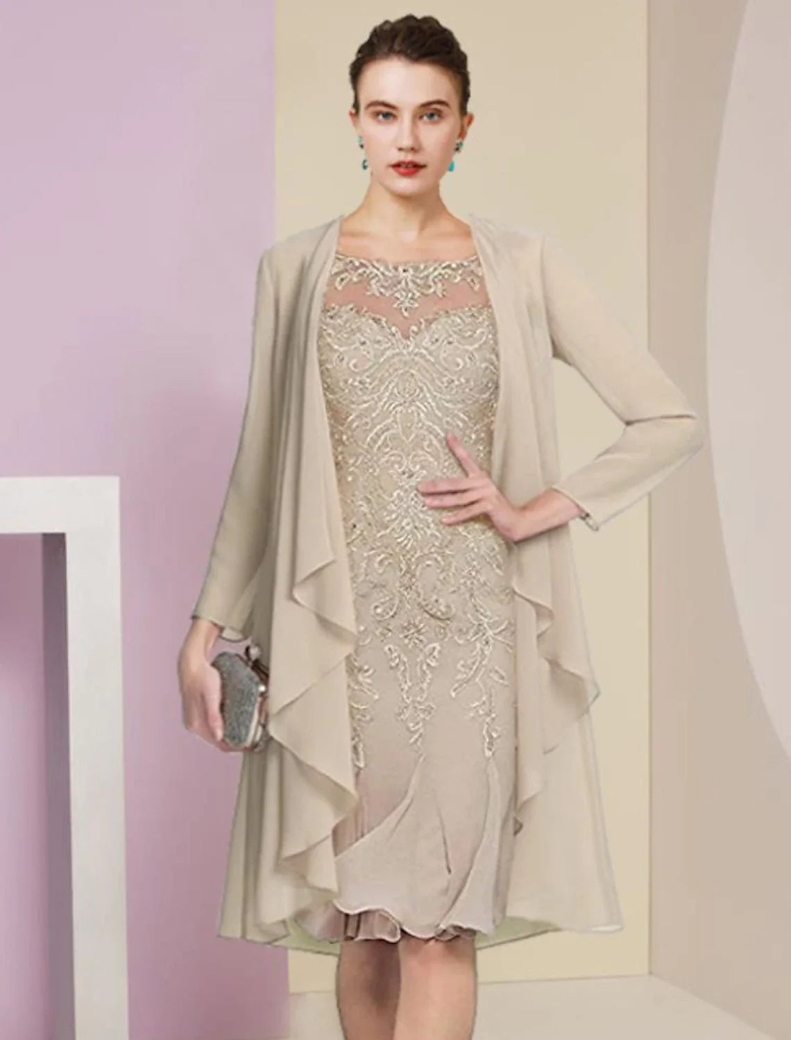 Aimishang Two Piece Mermaid / Trumpet Mother of the Bride Dress Formal Wedding Guest Vintage Elegant Scoop Neck Knee Length Chiffon Lace Half Sleeve Jacket Dresses with Pleats Appliques
