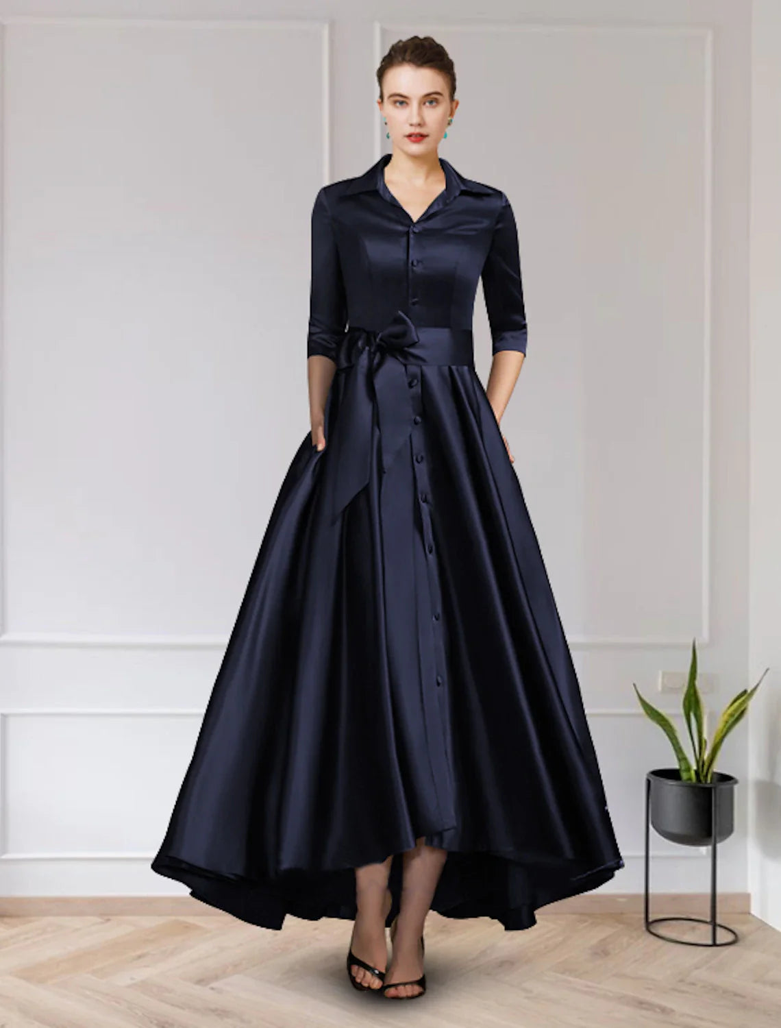 Aimishang A-Line Mother of the Bride Dress Wedding Guest Elegant High Low Jewel Neck Asymmetrical Satin Short Sleeve with Pleats Appliques