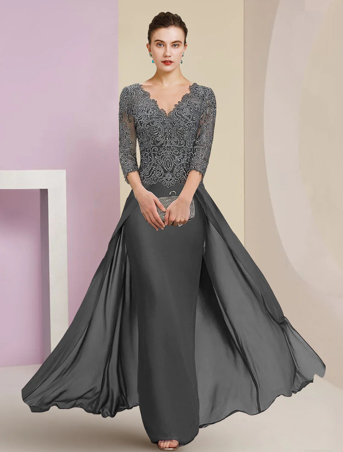 Aimishang Sheath / Column Mother of the Bride Dress Formal Wedding Guest Elegant V Neck Floor Length Chiffon Lace 3/4 Length Sleeve with Appliques