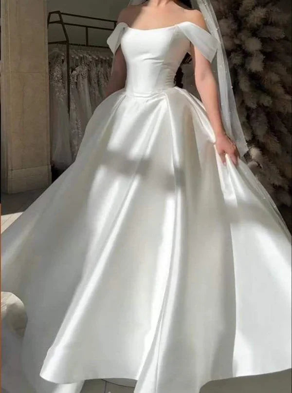 Girlhomeshops-White satin off-the-shoulder long floor-length wedding prom dress gh5392