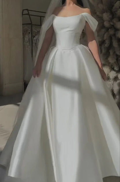 Girlhomeshops-White satin off-the-shoulder long floor-length wedding prom dress gh5392