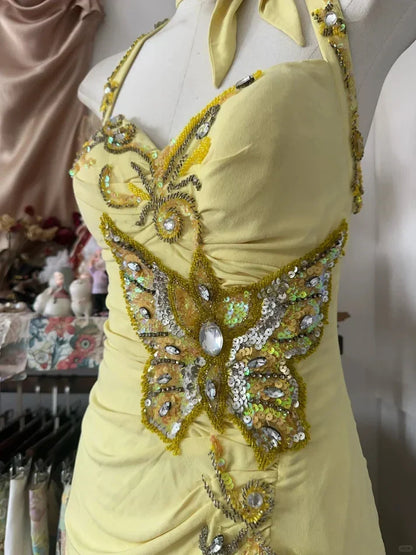 Vintage Yellow Beaded Sweetheart Prom Dress Embroidery Evening Dress Long Mermaid Halter-neck Formal Dress HZ1024
