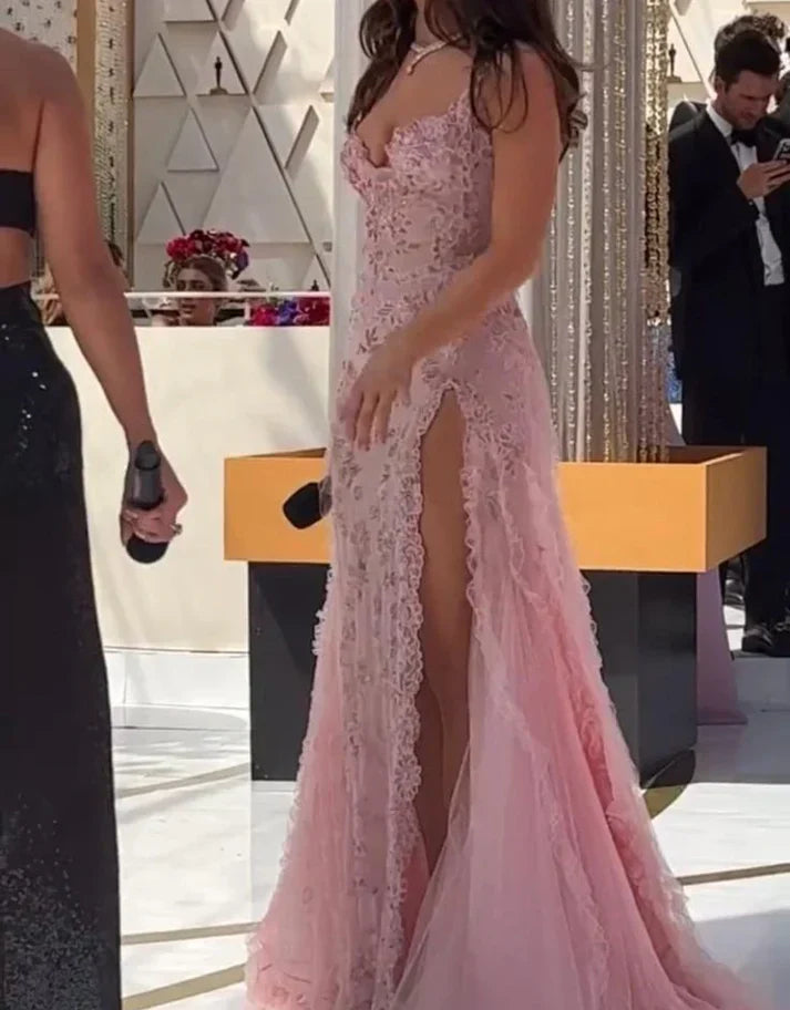 Vintage Pink Lace Sweetheart Prom Dress Long Evening Dress A-Line High Slit Formal Dress HZ1024