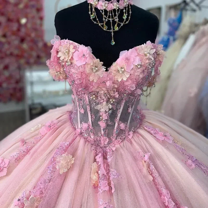 Gorgeous Pink Sweetheart Applique Beaded Sweet 16 Quinceanera A-Line Tulle Floor-length Prom Dress Birthday Dress Evening Dress Ball Gown HZ1024