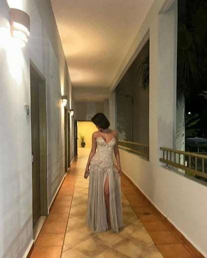 Champagne Color Sparkling Sweetheart Neck Elegant Long Slit Sequin Chiffon Ball Gown Evening Dress gh4185